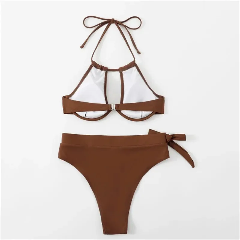 Maillot de bain taille haute pour femmes, ensemble deux pièces, soutien-gorge push up, col licou, string, amissié, sexy, couleur marron, 2024