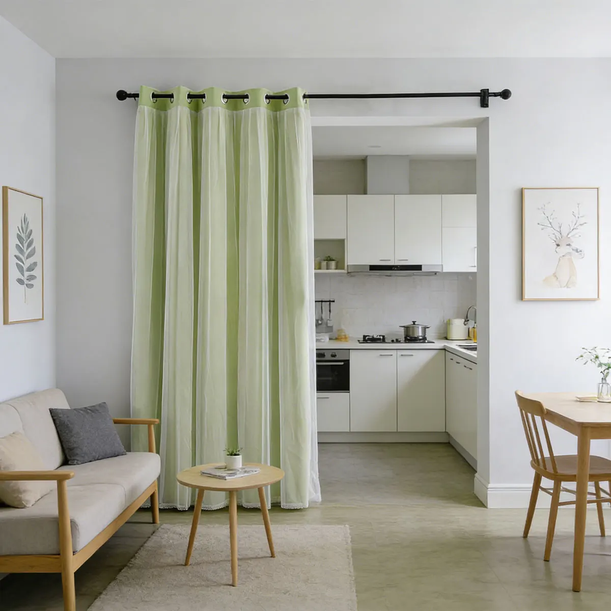 Light Green Grommet Double‑Layer Partition Curtain 1pc, Sheer Combo Room Divider for Kitchen Living Room Entryway