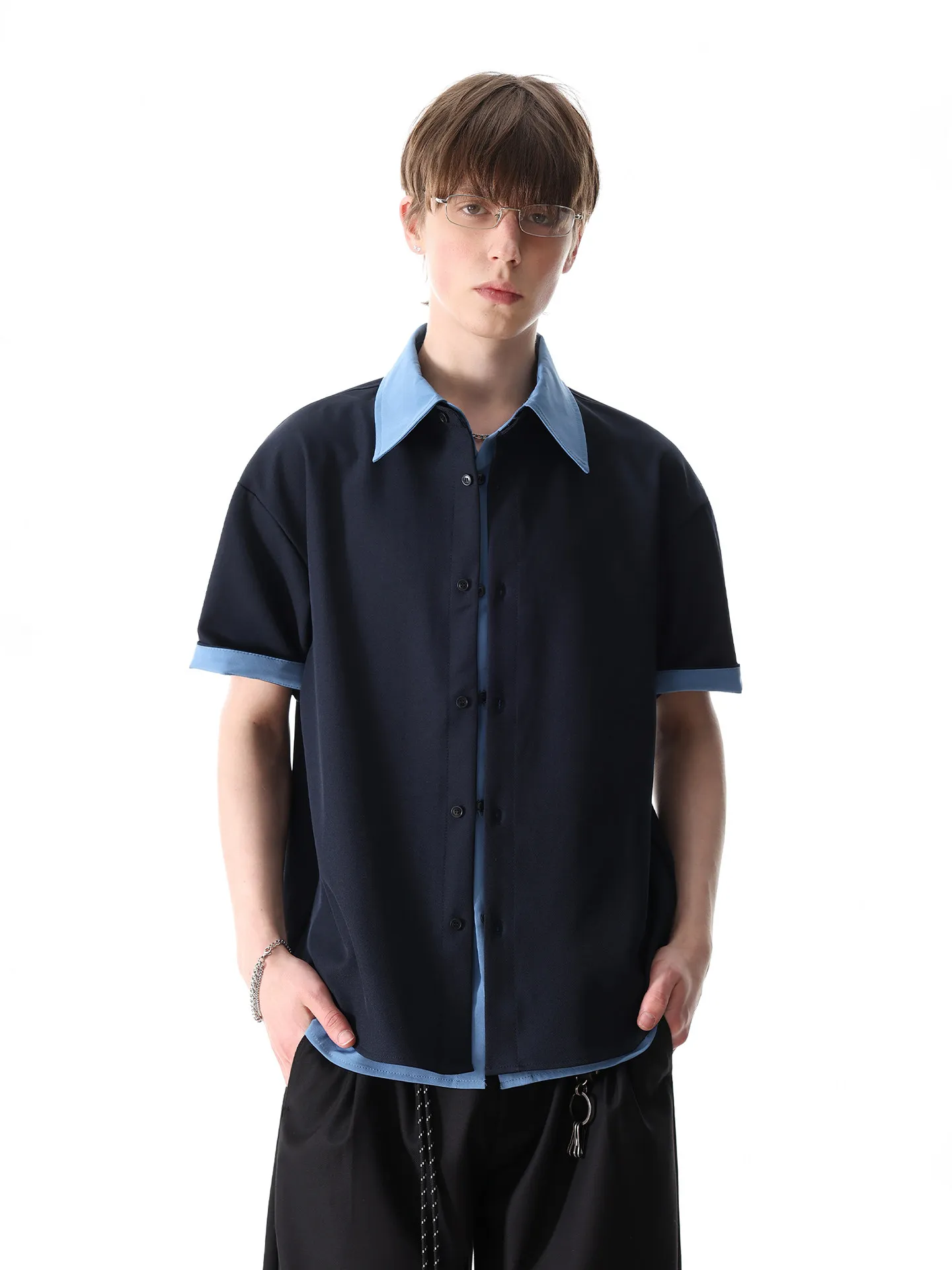 Summer Men's Double Layer Fake Two-piece Short Sleeve Blue Shirt Casual Loose Coffee Color Block Button Down Daily Top