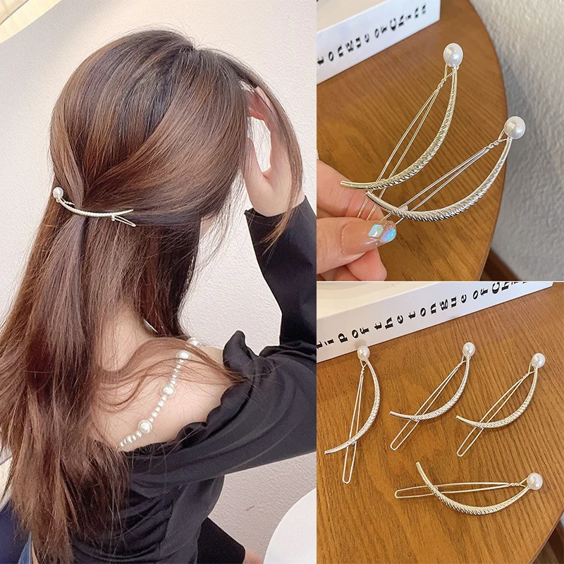 New Metal Geometric Hair Clip Elegant Pearl Barrette Arc Ponytail Hairpin for Women Girls Headband Barrettes Hair Accessories