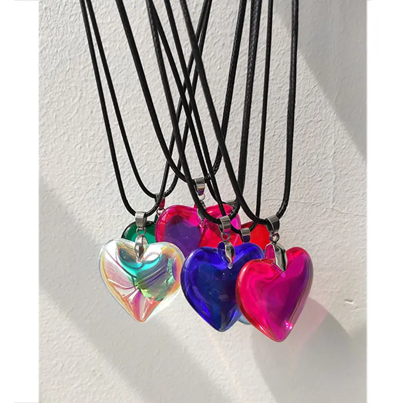 Exaggerated Personality Colorful Laser Love Heart  Pendant  Necklace for Women Girl Y2K  Summer Couple Jewelry HUANZHI 2023 NEW