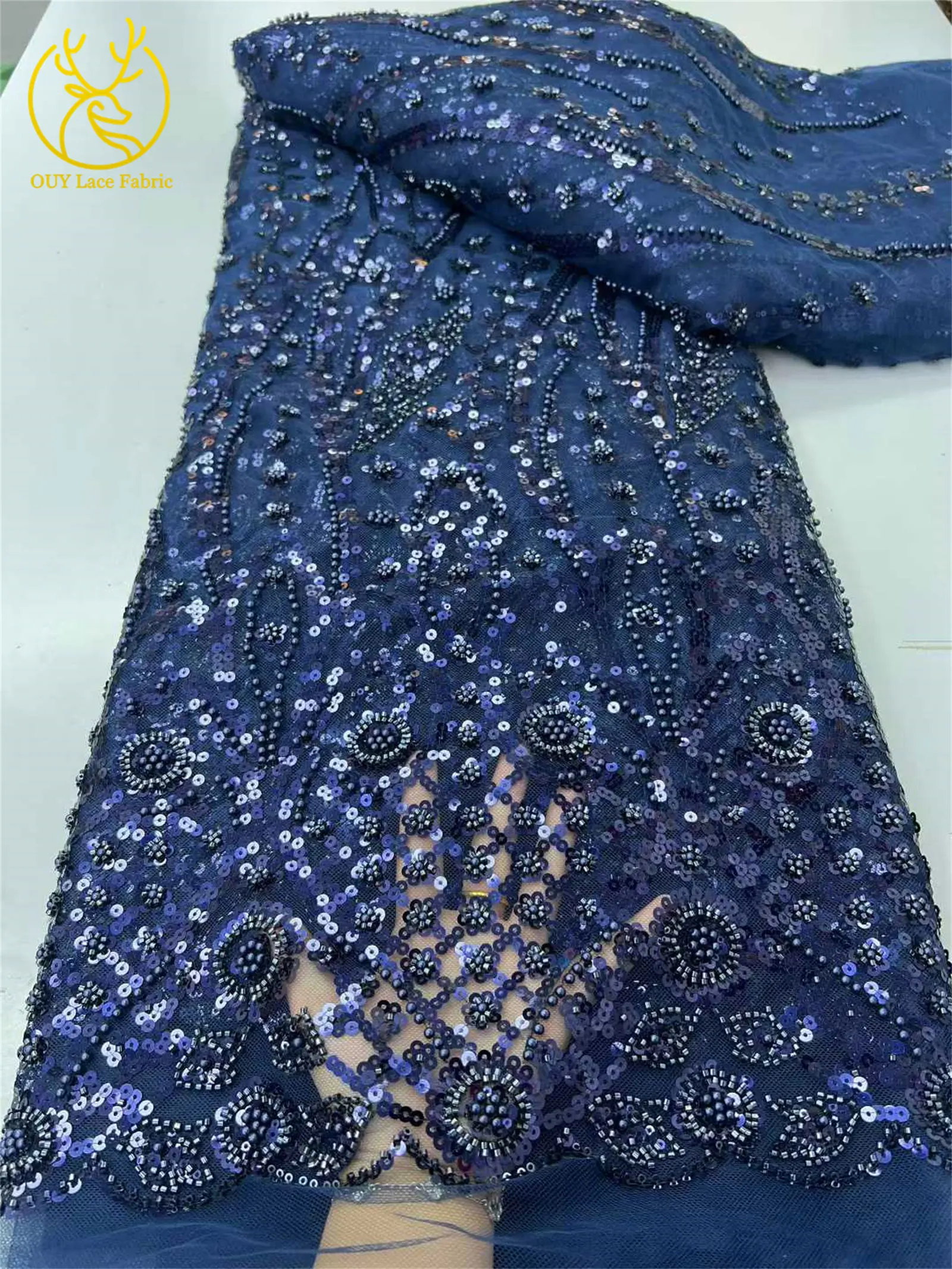 5 Yards afrikanischer, lindgrüner Perlen-Pailletten-Spitzenstoff 2026, königlicher französischer Pailletten-Tüll-Spitzenstoff für Damen-Partykleider, Nähmaterial – Detail 14