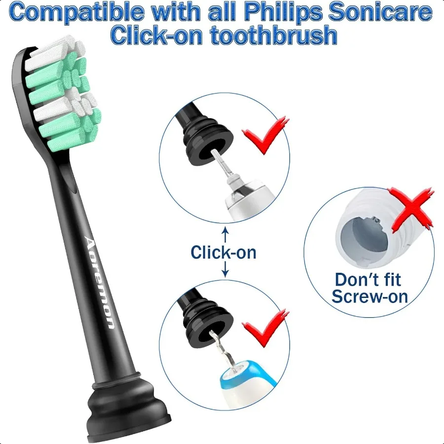 หัวเปลี่ยนสําหรับ Sonicare หัวแปรงสํารองใช้งานร่วมกับ Philips Sonicare Snapon แปรงสีฟันไฟฟ้าสีดํา 8 ชิ้น