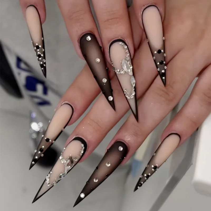Long Pointed Press-On Nails with Rhinestones, Dark Style False Nails, 24 Pieces Handmade Luxury Nail Tips