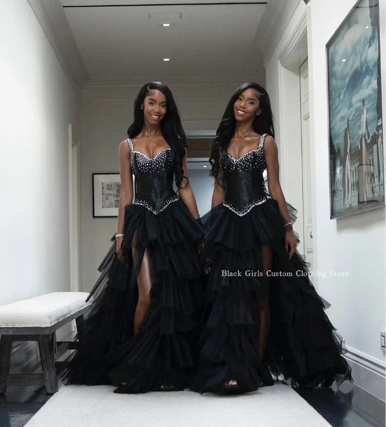 Zarif dantel uzun balo elbise 2024 siyah seksi Halter korse dantel bölünmüş A-Line uzun siyah kız parti akşam elbise abendkleider