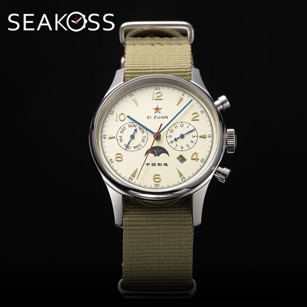 

SEAKOSS Pilot Men's Watch Automatic Mechanical Wristwatch Seagull ST1654 Movement Calendar Week Display 1963 Watches for man ﻿