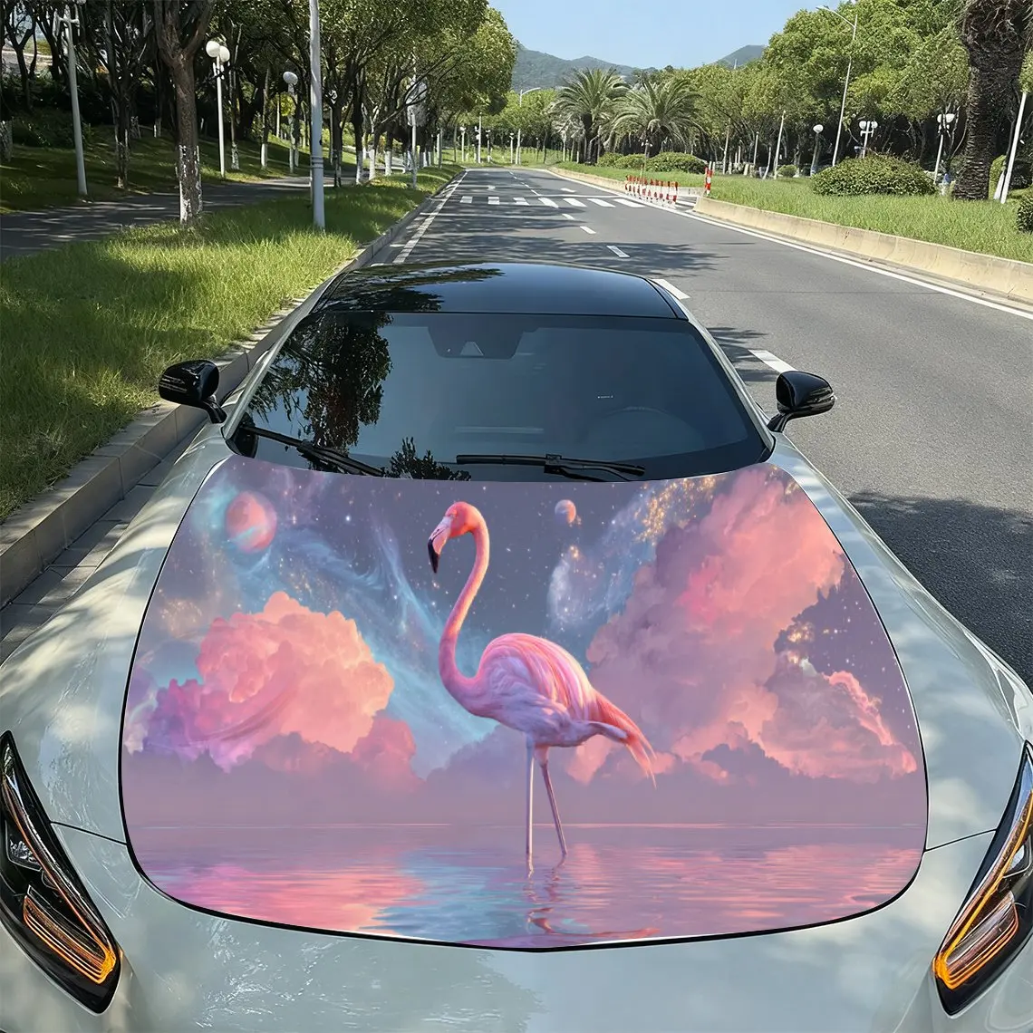 

Starry Flamingo Pink Art PVC Car Hood Wraps, Self-Adhesive Waterproof Car Bonnet Decal Sticker, Car Decoration Protection Sticke