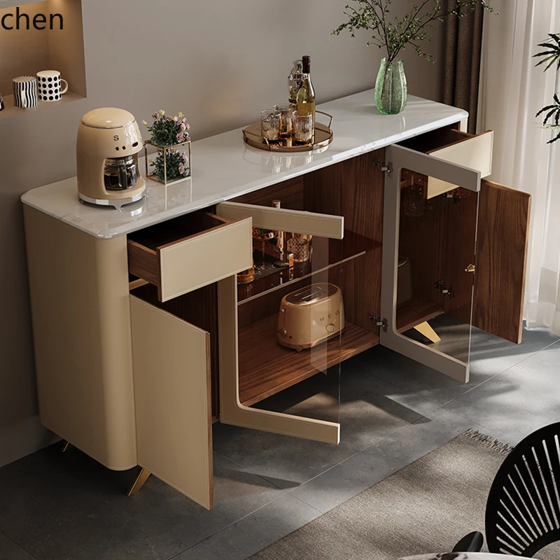 ZML light luxury marble integrated storage cabinet against the wall saddle leather wine cabinet
