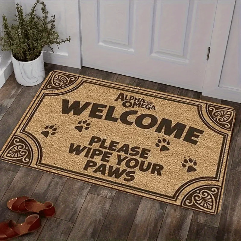 Alpha Omega Wipe Your Paws Flannel Doormat Funny Pet Owner Non-slip Entrance Mat for Front Door Hallway Home Decor