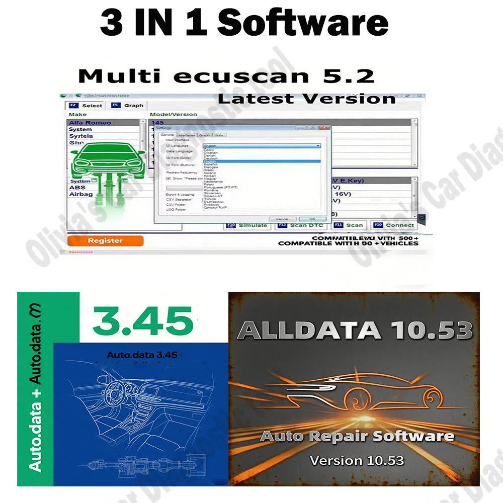 

Multiecuscan V5.2 Multi Ecu work for ELM327 Diagnostic Tool + AutoData 3.45 OBD2 Scanner+ Alldata 10.53 Car accessories Software