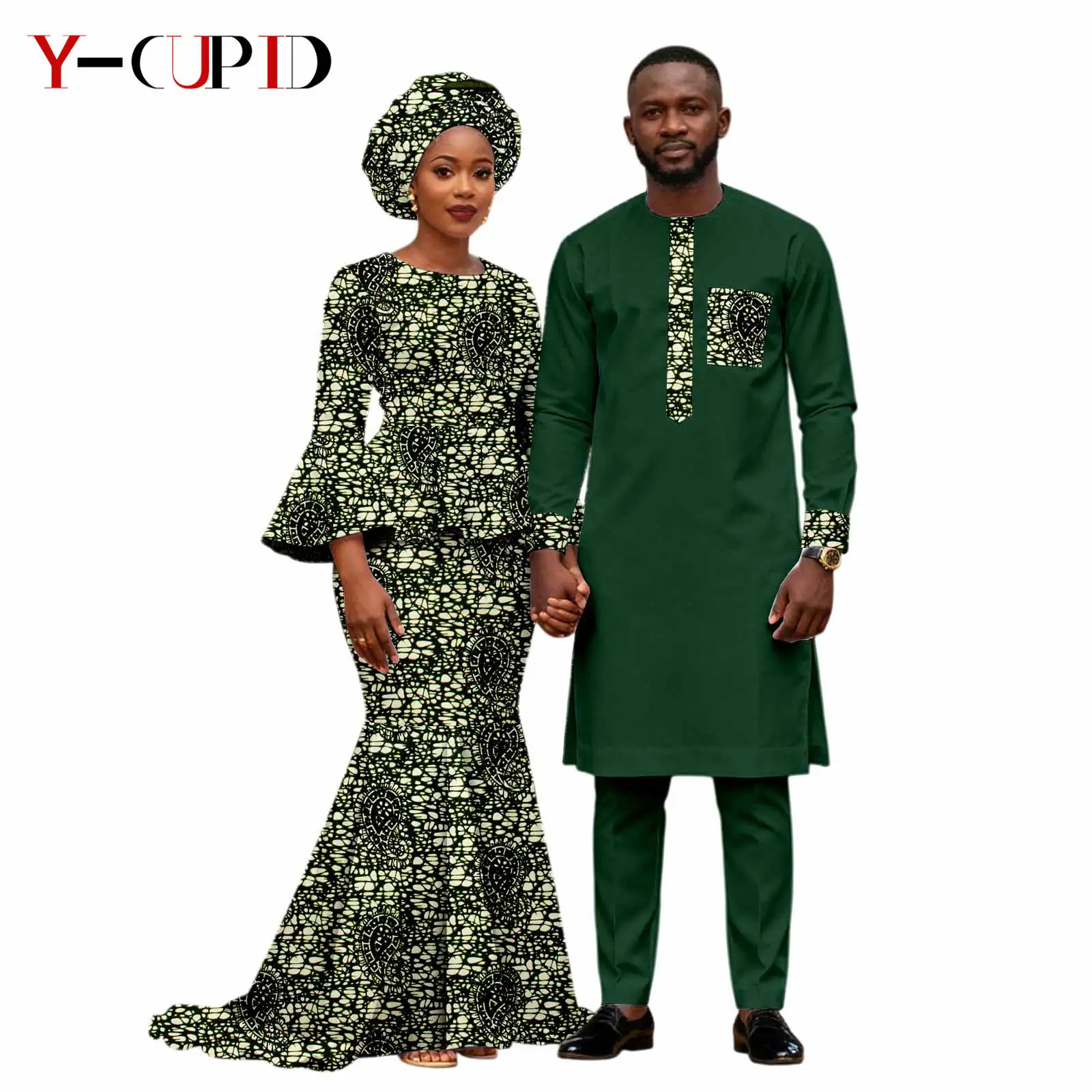 

African Print Mermaid Dresses with Headwrap for Women Matching Men Outfits Top and Pants Sets African Couple Clothes 25C101