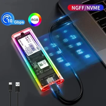 Caja RGB M2 SSD, carcasa M.2 NVME SSD M.2 a USB C, carcasa transparente para disco duro NVME PCIE NGFF SATA M/B Key SSD