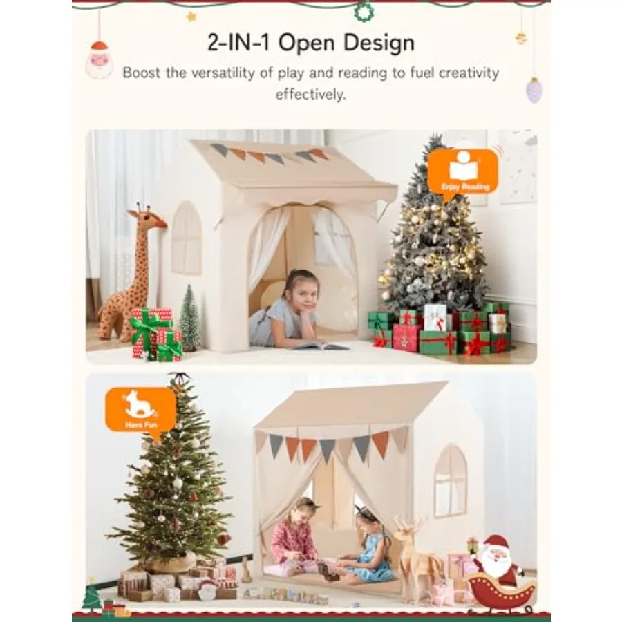 ベスレイ プレイテント エーブ付き幼児用テント 2 in 1 パッド入りマットとライト付き 大型プレイハウス 2つのドアと2つの窓付き 室内/屋外用