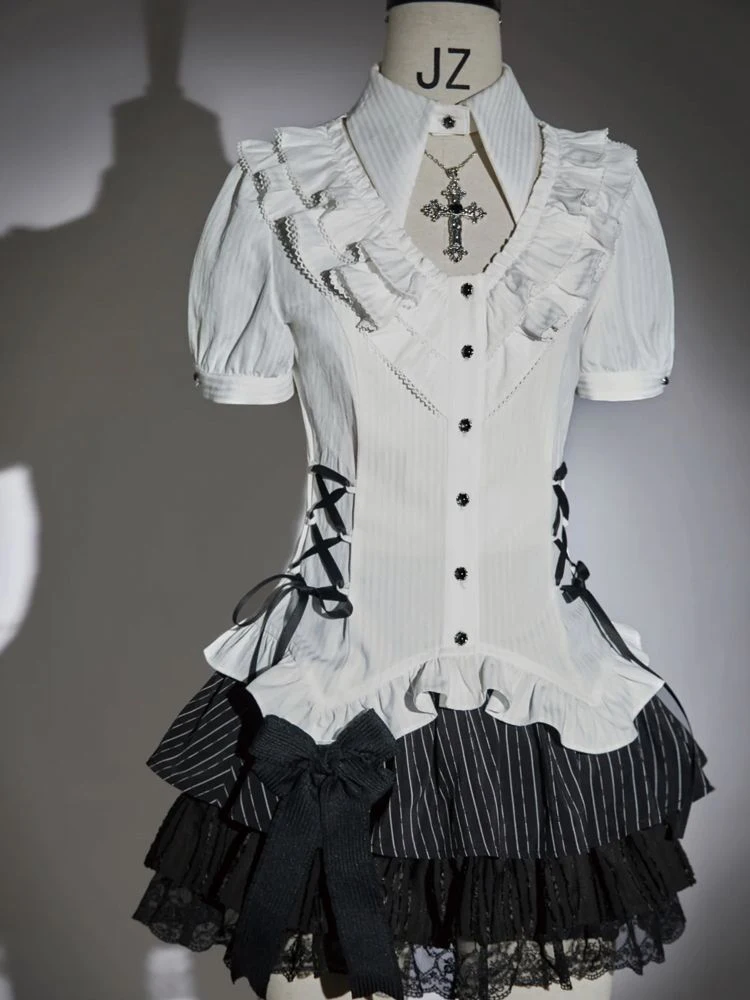 

Japanese 2 Piece Sets Women Irregular Ruffled Slim Fit Bandage Blouse High Waist Lace Patchwork Skirts Y2K Aesthetic Outifits