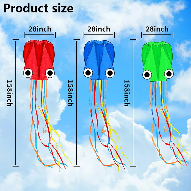 Cerf-volant pieuvre 3D avec longue queue flottante, 3 pièces de 4m, kit de 3 couleurs pour enfants avec ficelle de 100m, cadeau de festival de plage simple