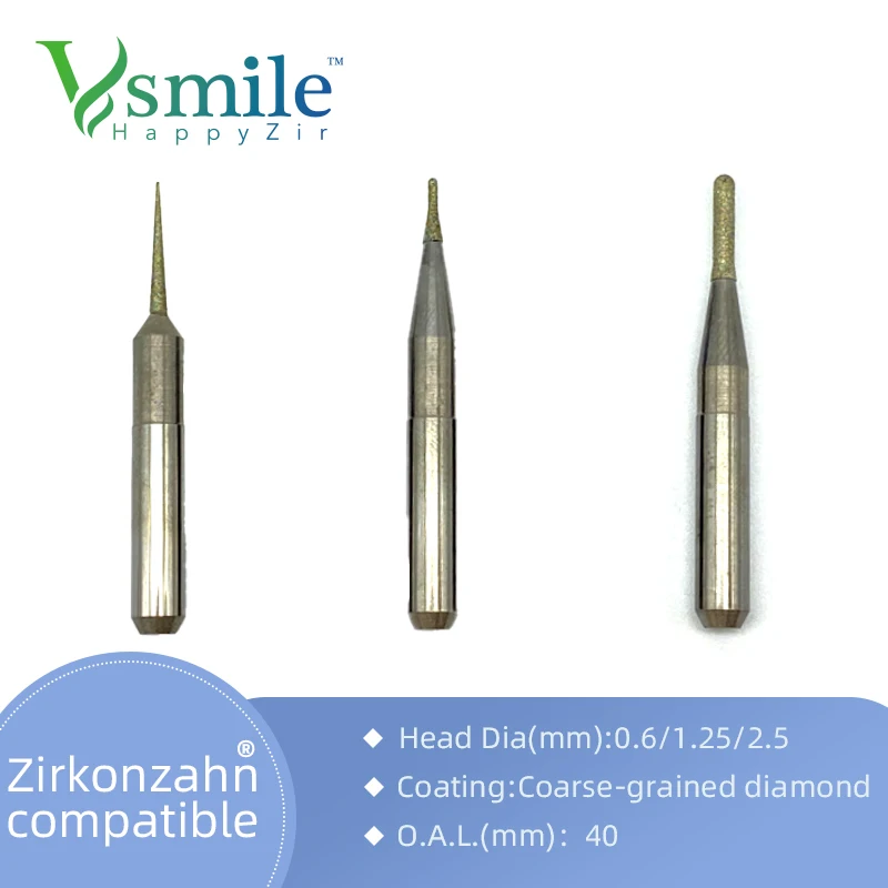 Dental zirkonzahn milling burs compatible with all zirkonzahn milling machines using 6mm shank for glass ceramic or Emax