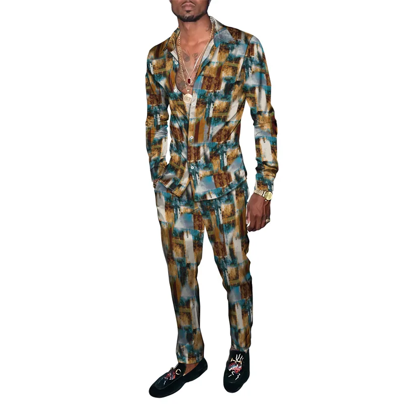 

Винтажная полосатая квадратная мужская одежда с 3D принтом в стиле Харадзюку, спортивный костюм, рубашка с длинными рукавами, длинные брюки, комплекты из двух предметов, одежда