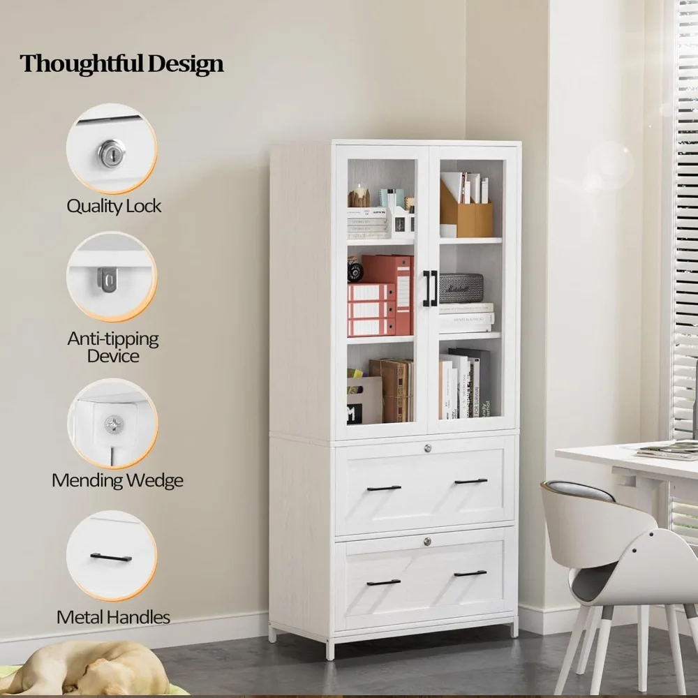 Lateral File Cabinet with Glass Doors, 2 Locking Drawers for Files, Adjustable Shelves Bookshelf for Home Office Organization