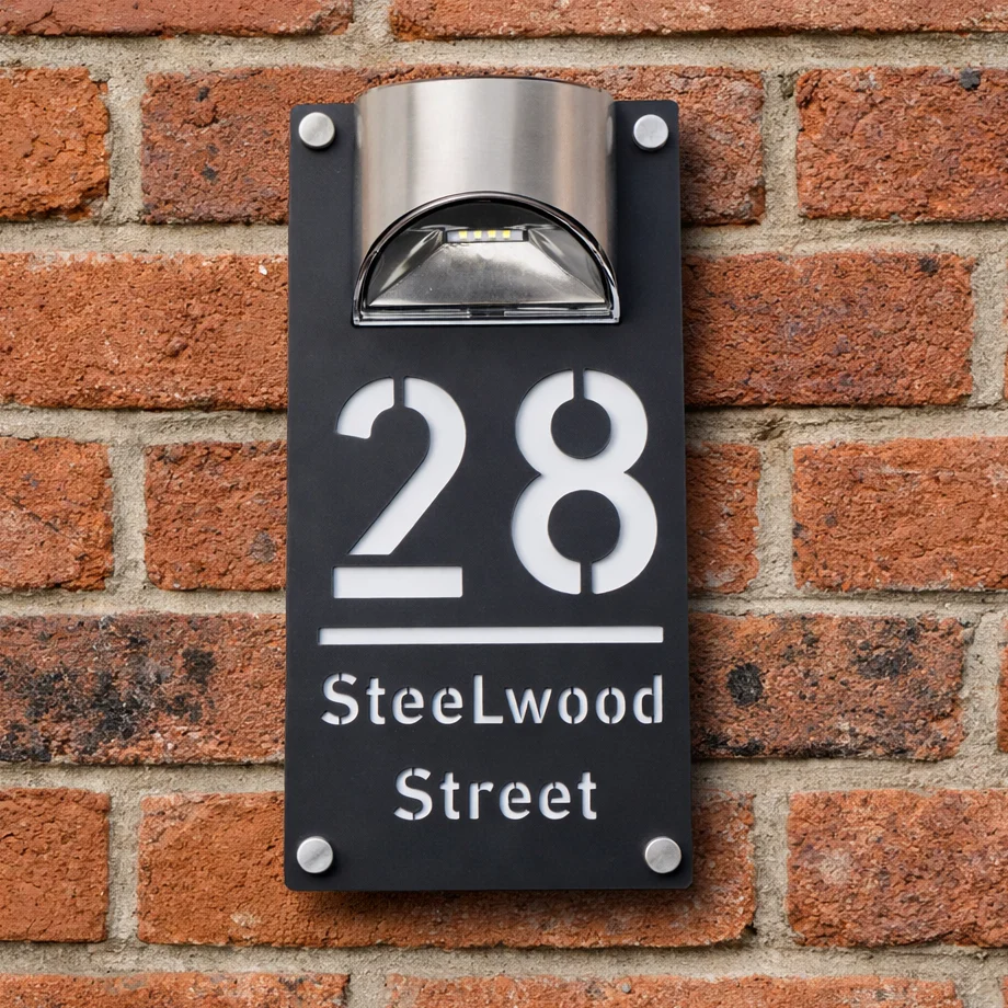 

Персонализированная светодиодная табличка с номером дома на солнечных батареях, изготовленная на заказ из акрила, лазерная резка, адресная табличка, уличная водонепроницаемая 3D-подсветка, подарок для дома/двери