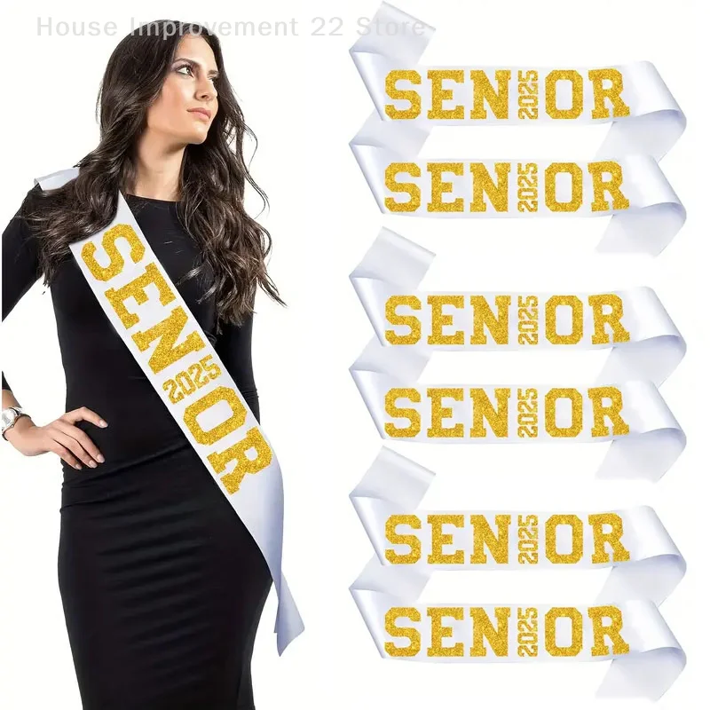 

6Pcs White Senior 2025 Satin Sashes With Gold Glitter Letters Senior 2025 Decorations For 2025 Graduation Students Celebration