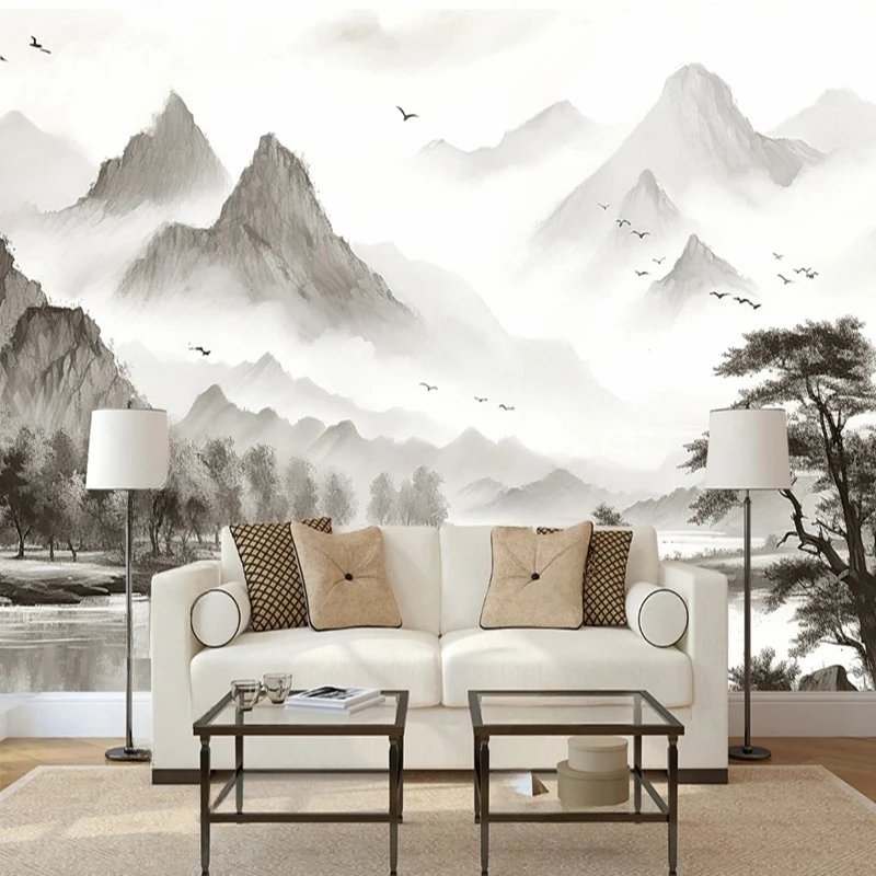 

Custom Photo Wallpaper Chinese Style Ink Black White Mountain Landscape Mural Living Room Bedroom Home Decor Papel De Parede 3D