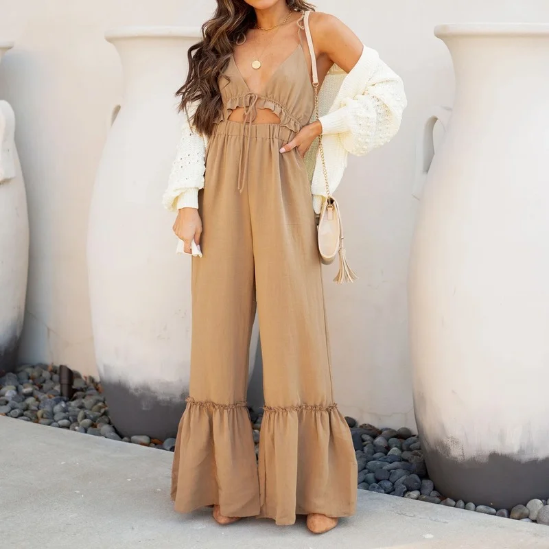 

2024 Summer Solid Color Sexy Jumpsuits Women Suspenders Ruffled Wide-leg Flared Pants Rompers Casual Drawstring One Piece Outfit