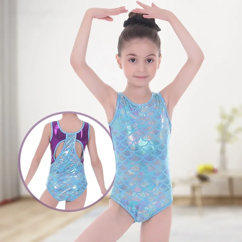 Girl Sleeveless Shiny Mermaid Scale Printed Splice Ballet Dance Leotard For Kid Gymnastics Bodysuit Swimsuit Ballerina Dancewear