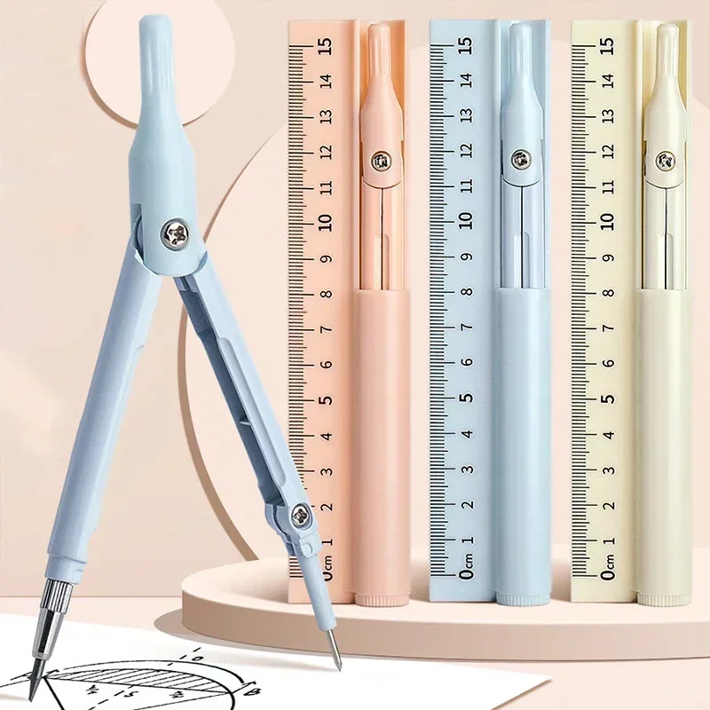 Multi Functional Macaron Color Compass Ruler Pencil Three One Student Stationery Exam Drawing Tool Ruler Set Learning Tool New