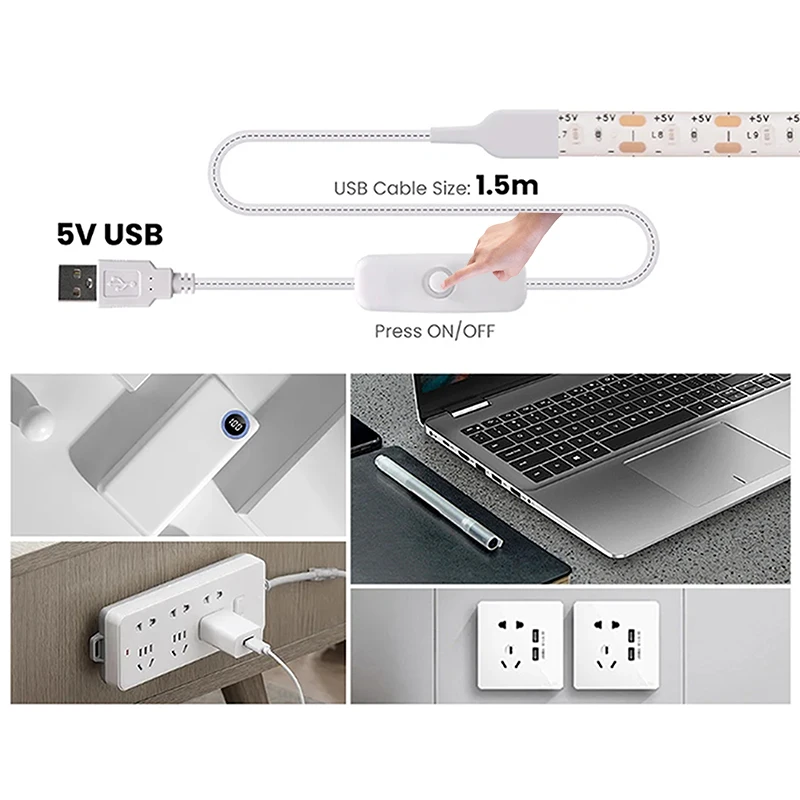 5V 2835 LED Strip Light with USB Push switch 60LEDs/m Flexible Light Strip for Room Kitchen Lighting Lamp Decoration