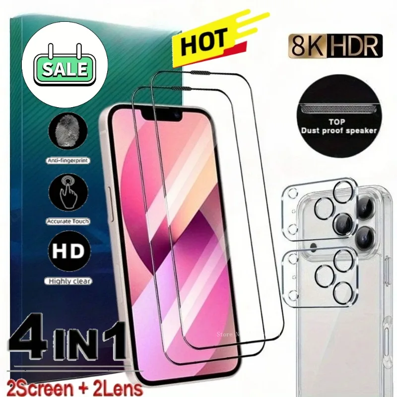 

4-in-1 Screen Protectors for IPhone Air 17 16 15 14 Pro Max 12 13 Mini 11 Pro + Camera Lens Protective Film for IPhone Series