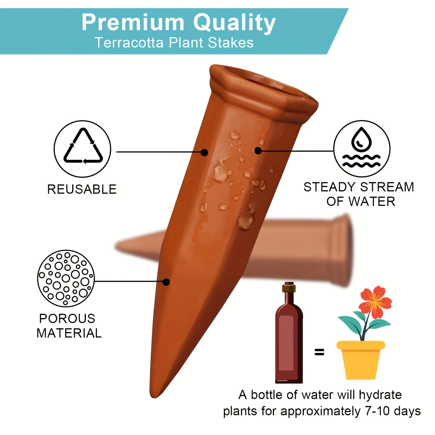 Terracotta Self-Watering Spikes - Slow Release Plant Waterer For Indoor & Outdoor Use, Compatible With Wine Bottles