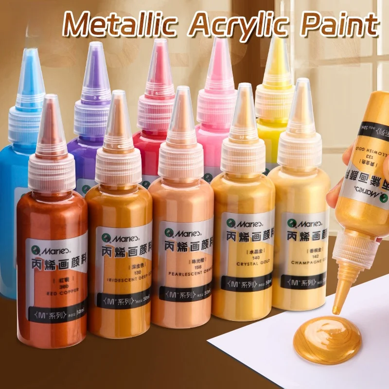 50 ml Marie's Metallic-Acrylfarbe, perlmuttartige, reich glänzende Pigmente mit Flasche, goldene Splitter für DIY-Kunstmalerei, Holz, Gl