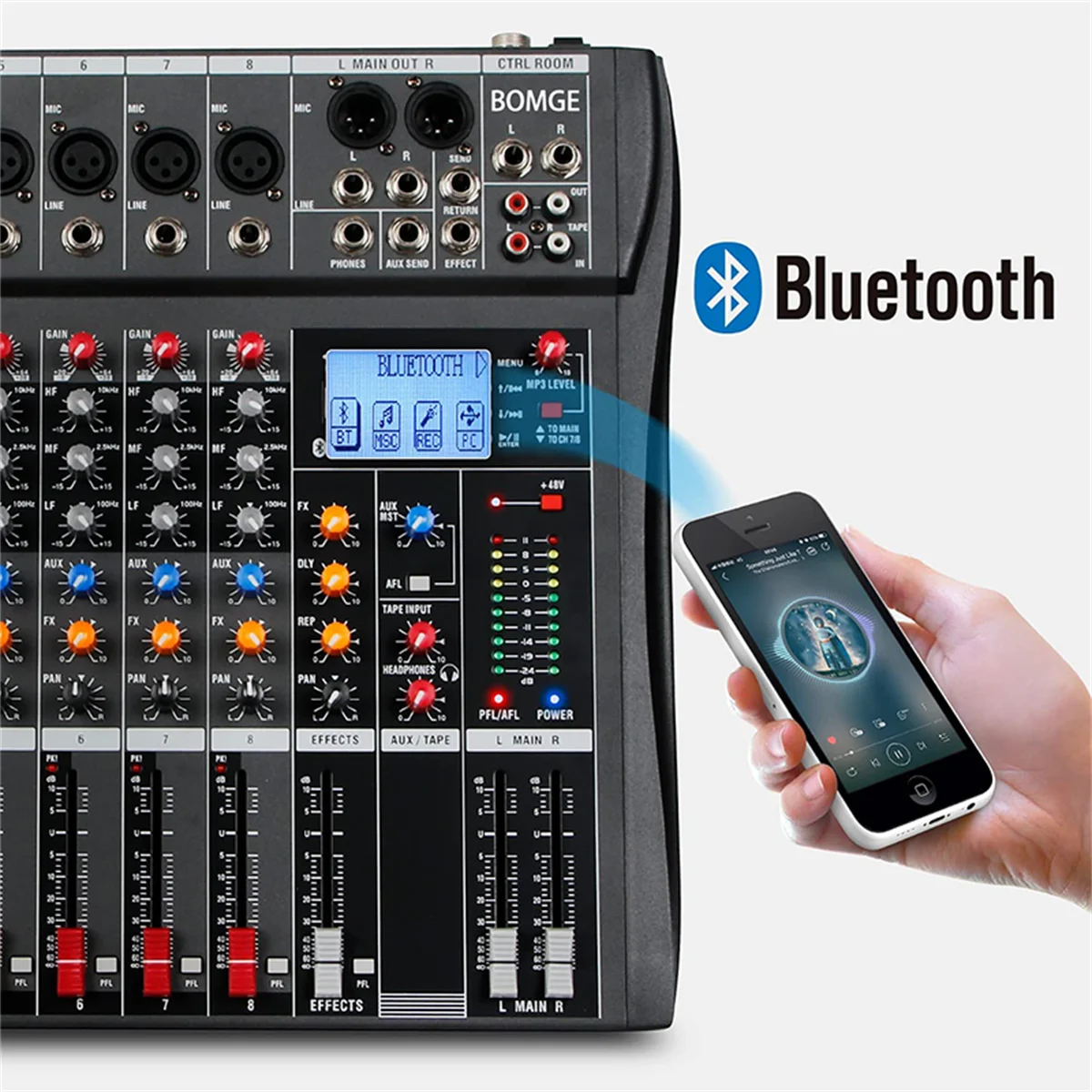 BOMGE 8 Channel Audio Mixer Sound Mixing Console with Bluetooth USB PC Recording Input XLR Microphone Jack 48V Power