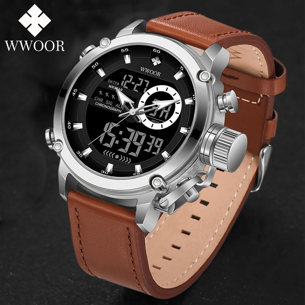 WWOOR Fashion Business Men Watch Sport Chronograph Dual Display Digital Quartz Clock Man Watch Waterproof Male Relogio Masculino