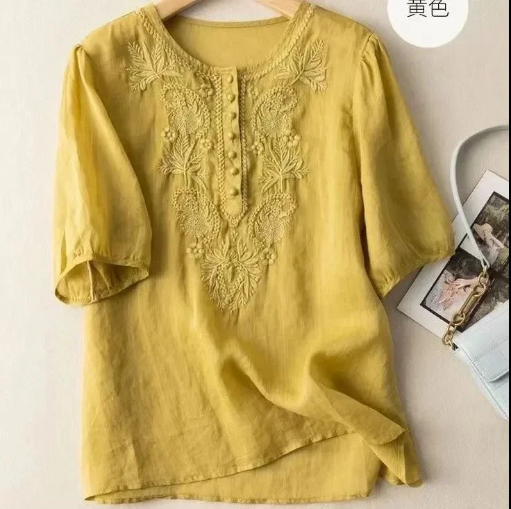 2025 Summer New Loose Comfortable Round Neck T-shirt Literature and Art Solid Color Embroidery Fashion Women's Casual Blouses