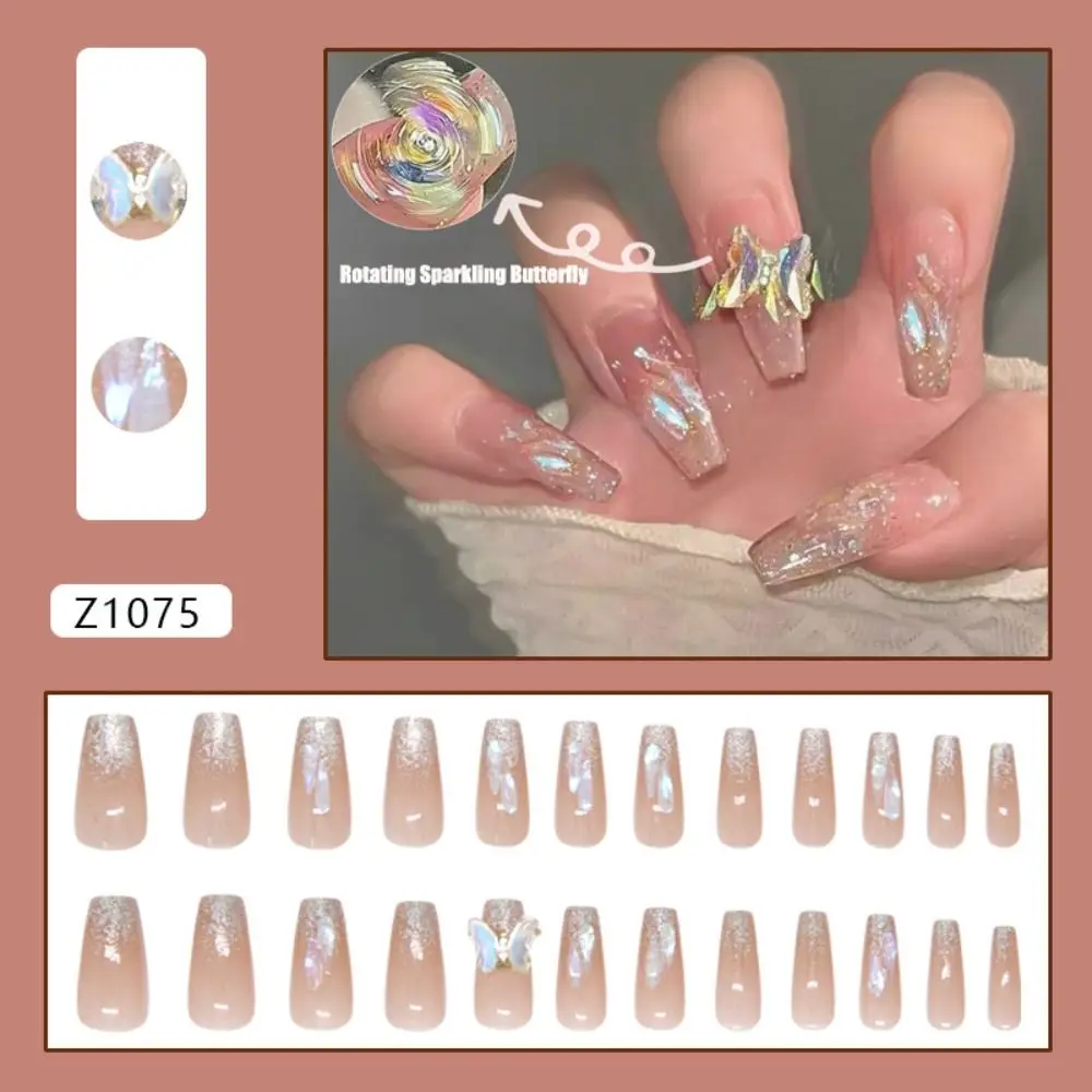 24pcs Long Ballerina False Nails Rotating Sparkling Butterfly Exquisite Fake Nails French Full Cover Nail Tips Women Girls