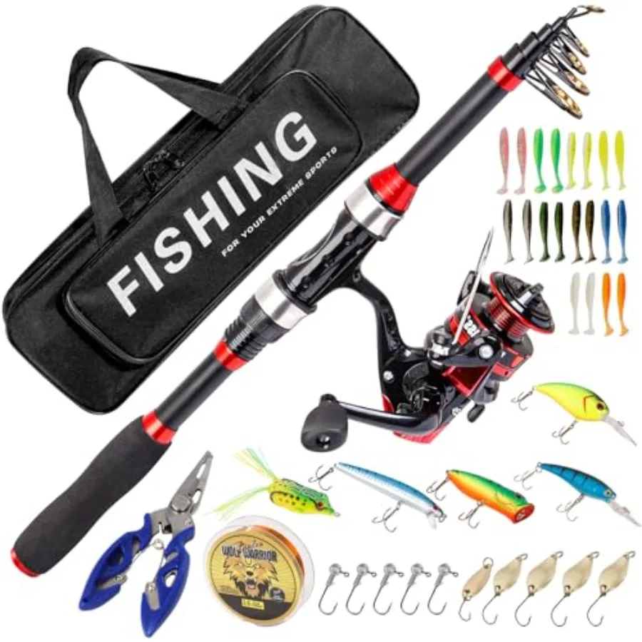 

Fishing Rod and Reel Combos with Fiberglass Telescopic Fishing Pole - Spinning Reel Fishing Carrier Bag Freshwater and Saltwate