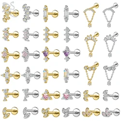 ZS 1 PC Gold Color 16G Stainless Steel Labret Lip Piercing Men Women CZ Crystal Ear Cartilage Tragus Helix Piercings Flat Backs