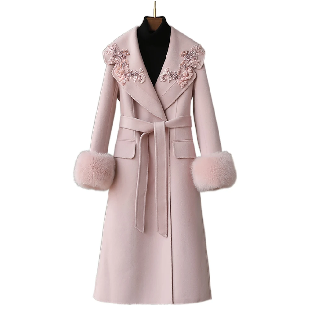 

Reversible Cashmere Coat Women's High-Grade Fox Fur Collar Heavy Industry Rhinestone Woolen Fur Coat Mid-Length Women's