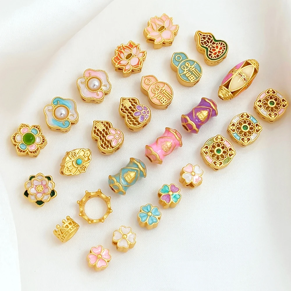 

Matte Gold Various Oil Dripping Gourds, Lotus Flowers, and Separated Beads DIY Makes Necklaces, Bracelets, Earrings Accessory
