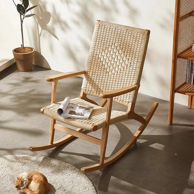 Rattan rocking chair Japanese home leisure outdoor balcony rattan chair rocking chair simple modern solid wood recliner