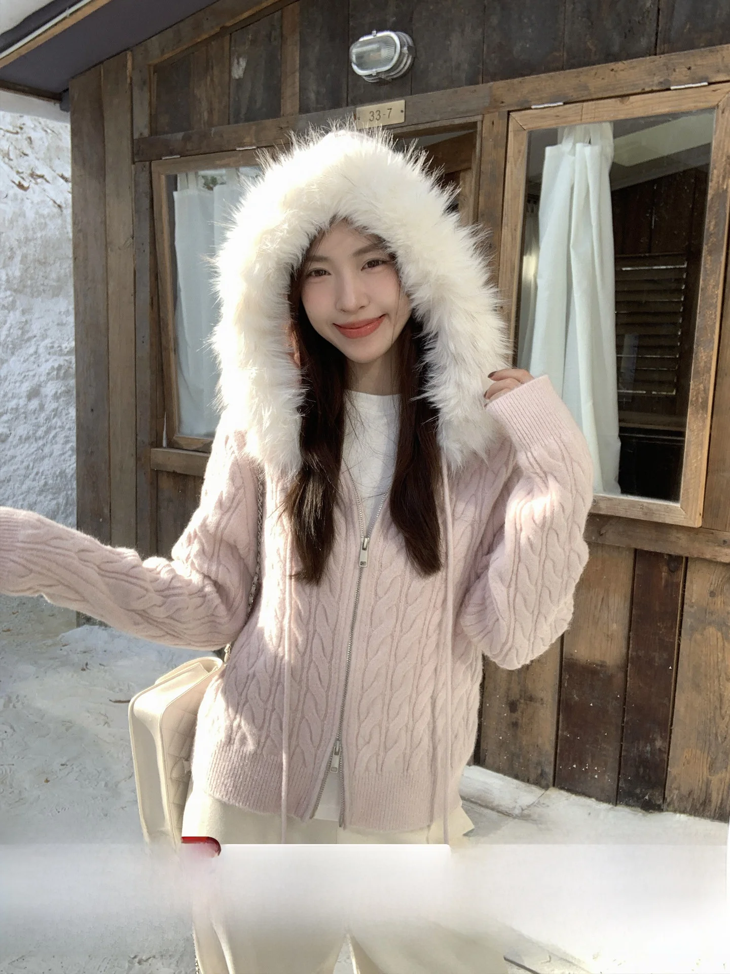 

Morning Bloom Pink Knitted Zipper Sweater Women's Autumn Winter Lazy Hat Cardigan Soft Korean Sle Long Sve Warm Top