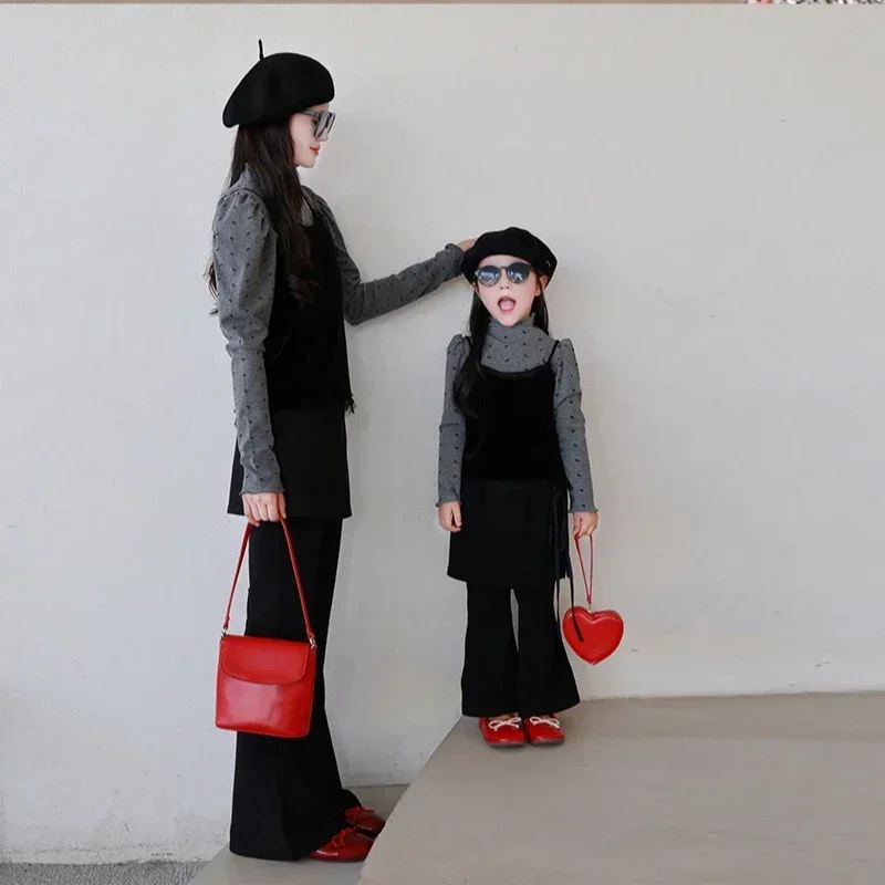 Mom and Baby Girl Elegant Matching Outfit Mother Daughter Equal Clothes Mummy and Me Velvet Vest Long Sleeve Pullover Pants Sets image 2