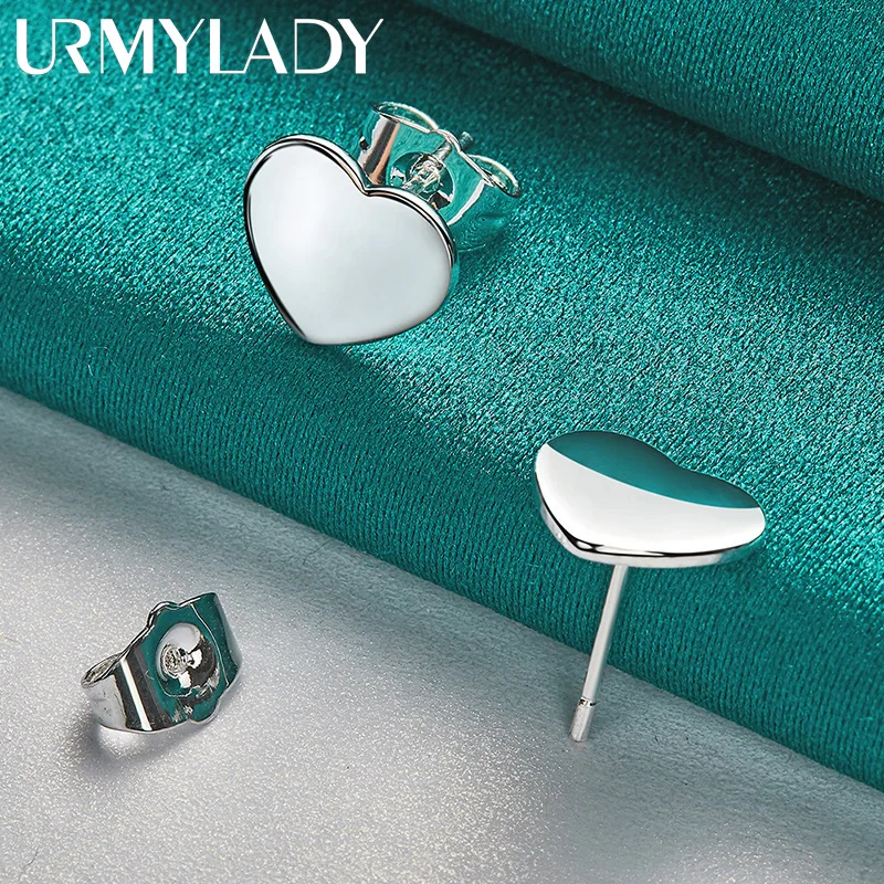 URMYLADY 925 Sterling Silver Smooth Heart Kolczyki sztyfty dla kobiet Wedding Party Fashion Charm Biżuteria