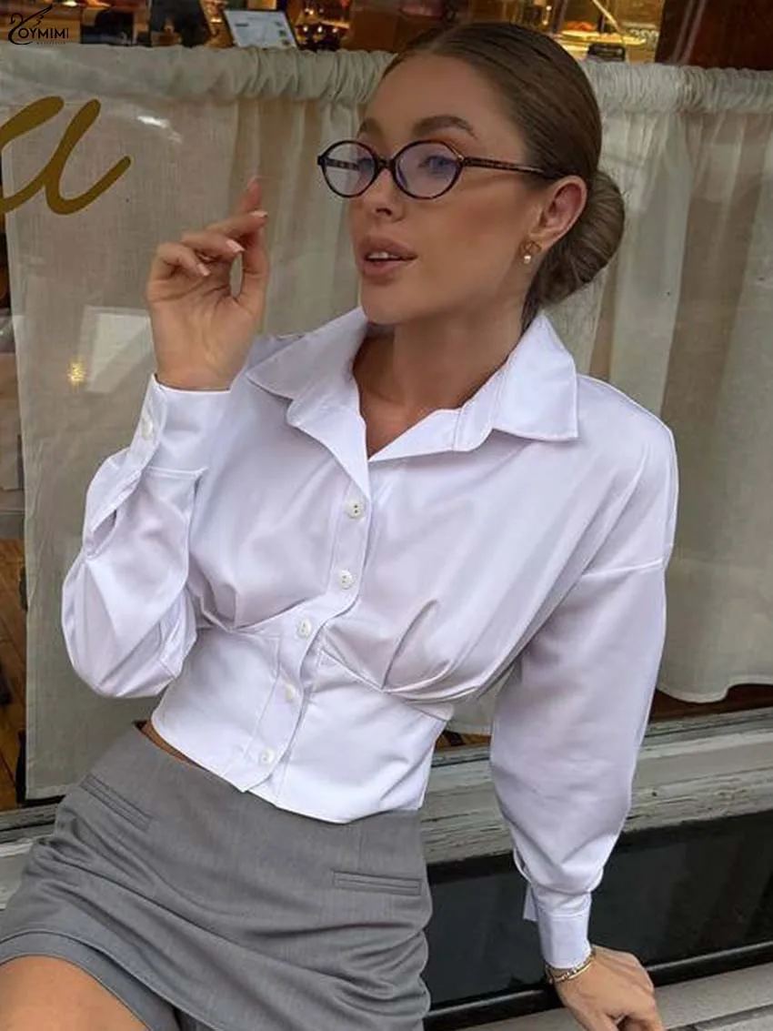 

Oymimi Fashion White Lapel Women's Shirt Elegant Long Sleeve Slim Single Breasted Shirts Summer New Lace-Up Open Back Shirts