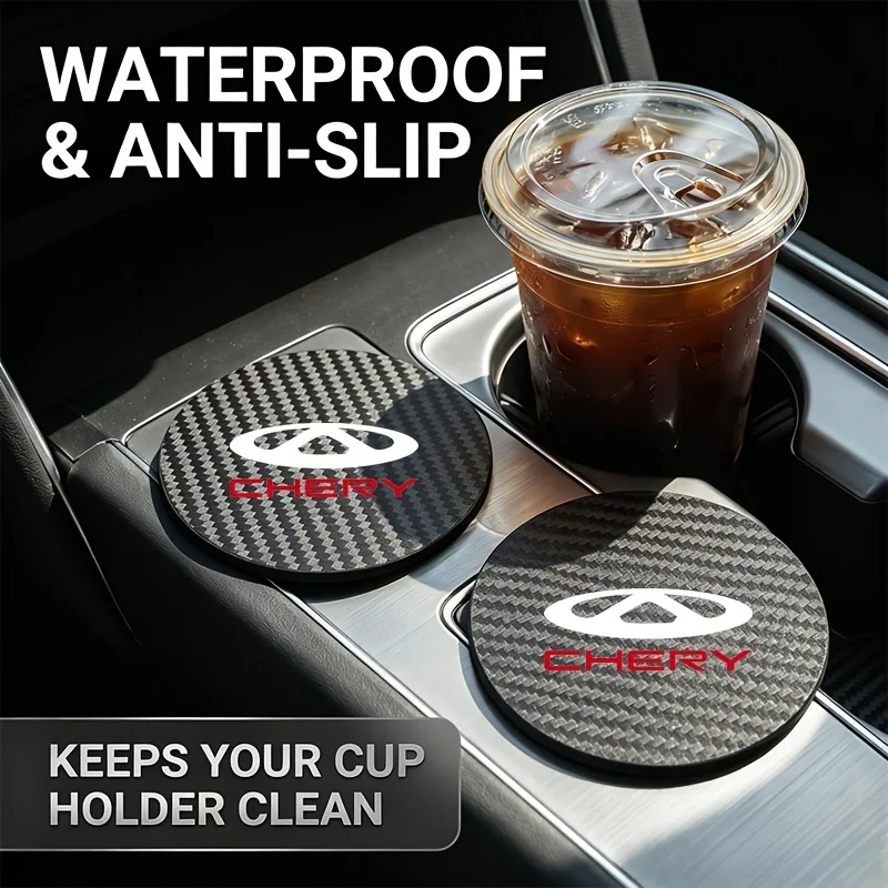 2pcs Carbon Fiber Texture Faux Leather Coasters Car Cup Mats for Chery Tiggo 2 3 7 4 5x Kimo Qq6 s21 Qq3 Brakes s11 A3 A5 Indis