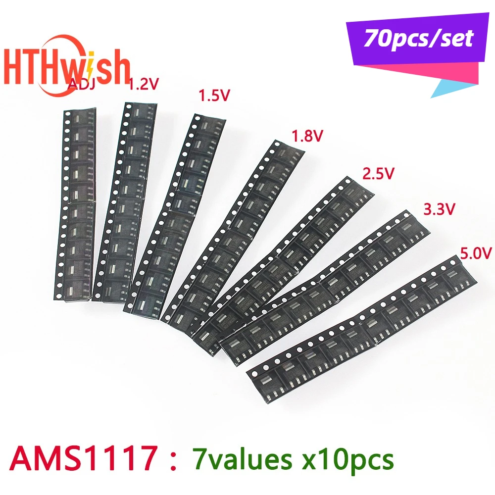 70 peças ams1117 adj regulador de tensão chip de fonte de alimentação ic asm1117 chip step-down 1.2v, 1.8v,1.5v,2.5v,3.3v,5.0v,adj, sot-223