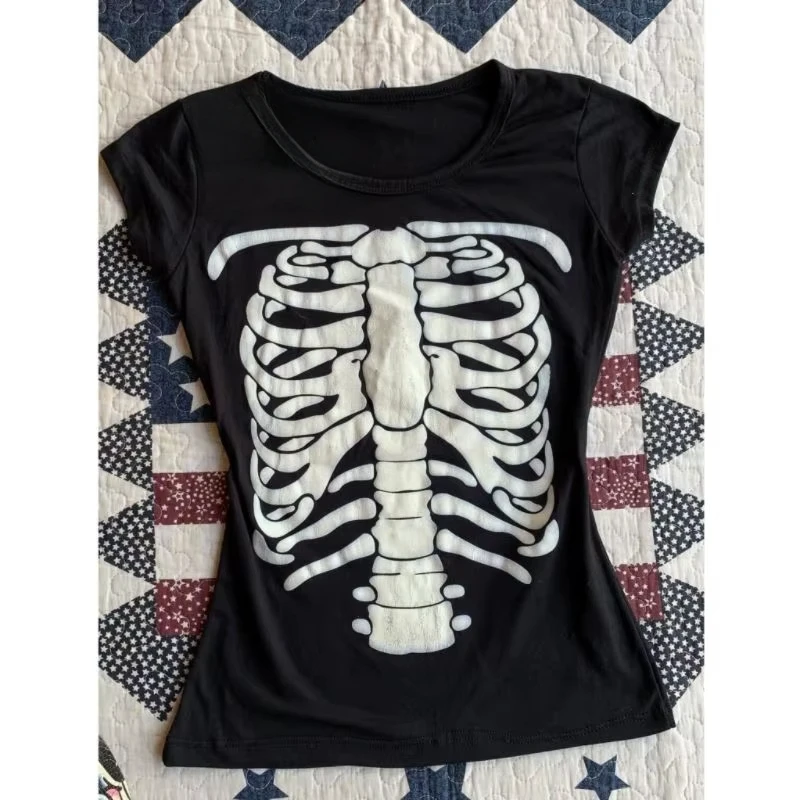 Subculture T-Shirts Sexy Y2k Clothing 2000s Tees Skulls Punk T Shirt Women Slim Gothic Street Vintage Black Y2k Crop Top Femme