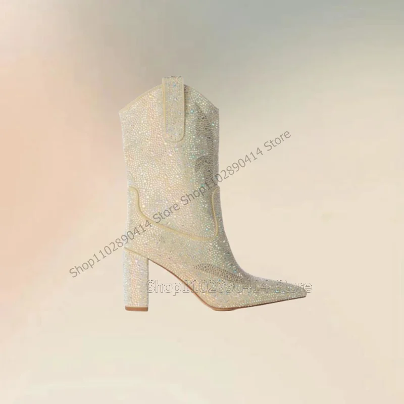 

Beige Rhinestone Decor Mid Calf Pointed Toe Boots Slip On Women Shoes Chunky High Heels Fashion Party 2023 Zapatos Para Mujere