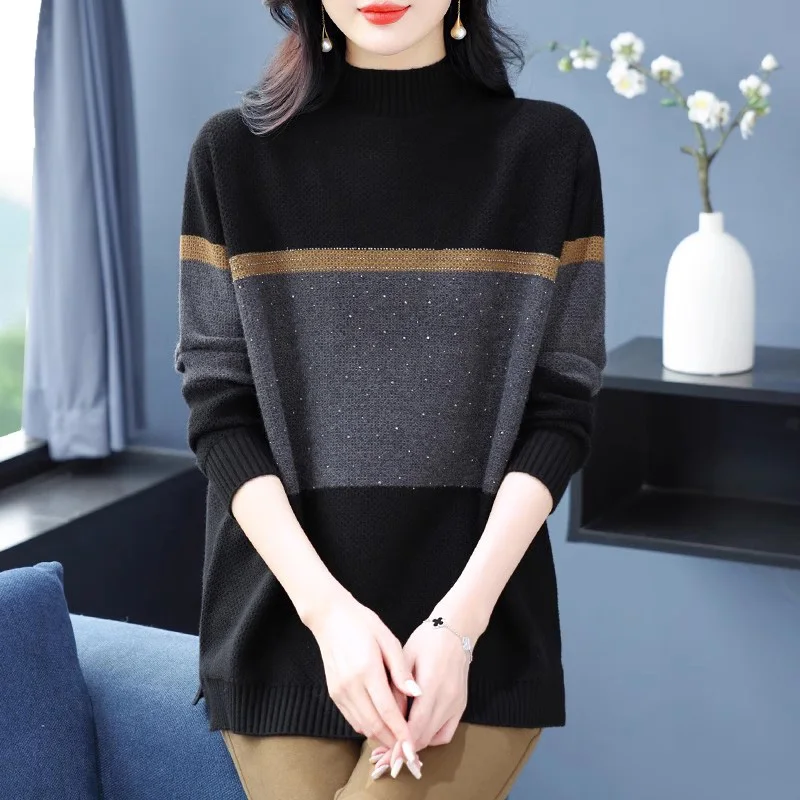 

New Women Contrast Color Wool Sweater Autumn Winter Fashion Half High Collar Loose Thick Knitted Tops Casual Warm Mum Sweater